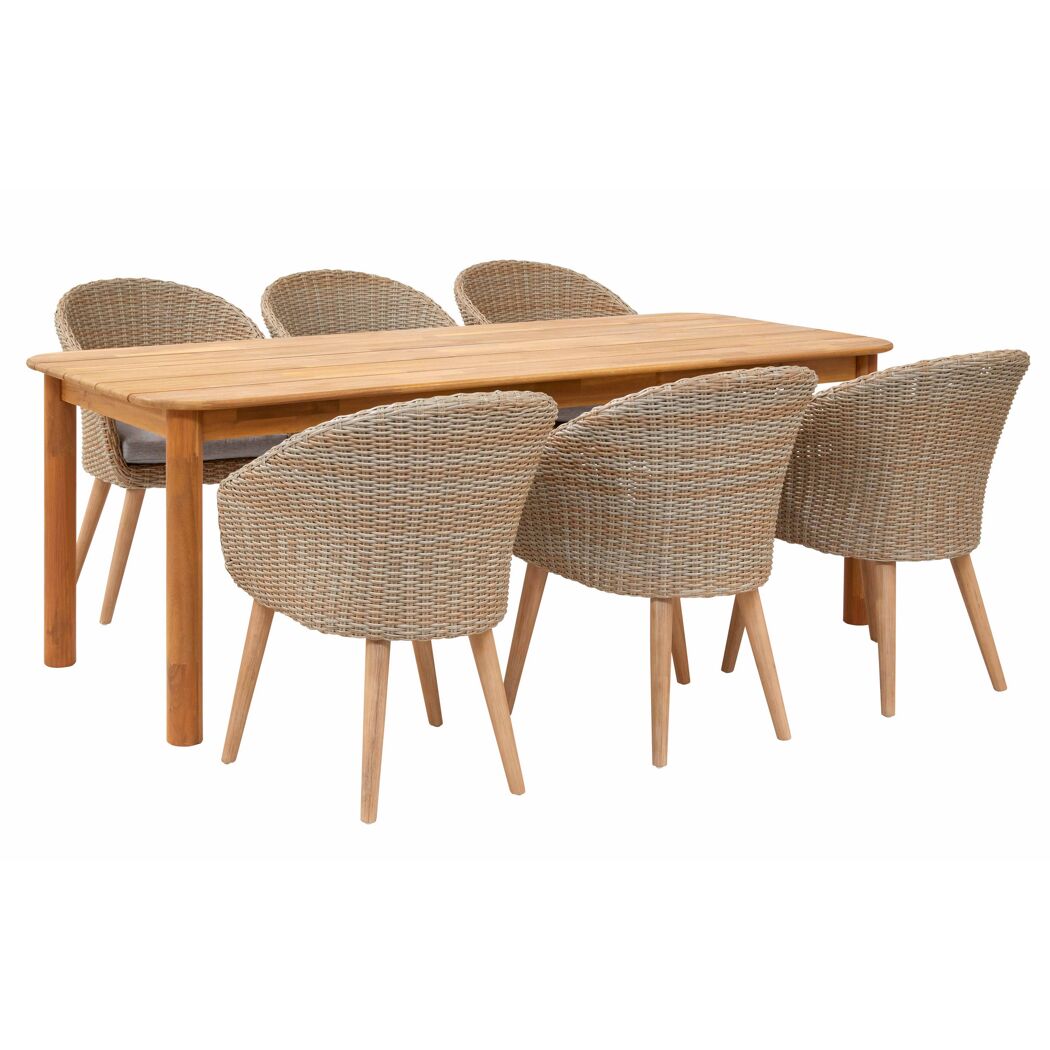 Esstisch mit sechs Stühlen aus Holz und Rattan