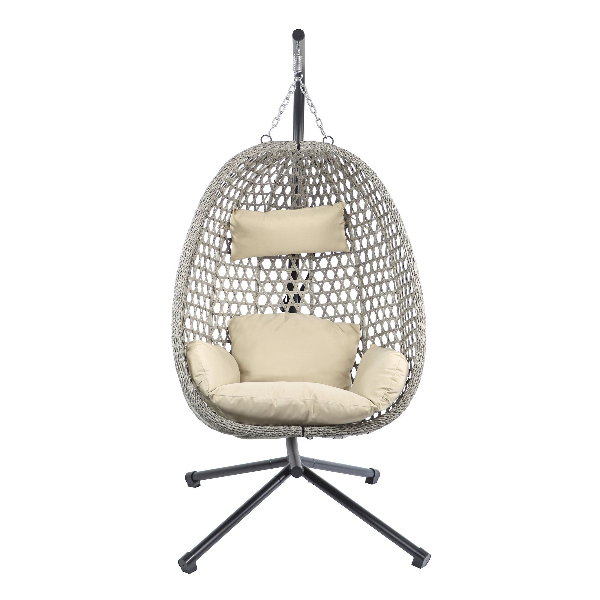 Hängesessel aus Rattan mit beigefarbenen Kissen