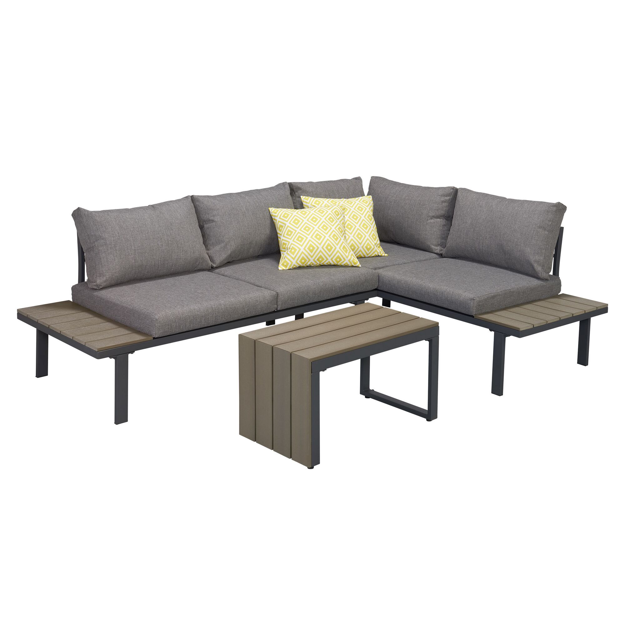 Graue Gartenlounge mit Eckcouch und Tisch