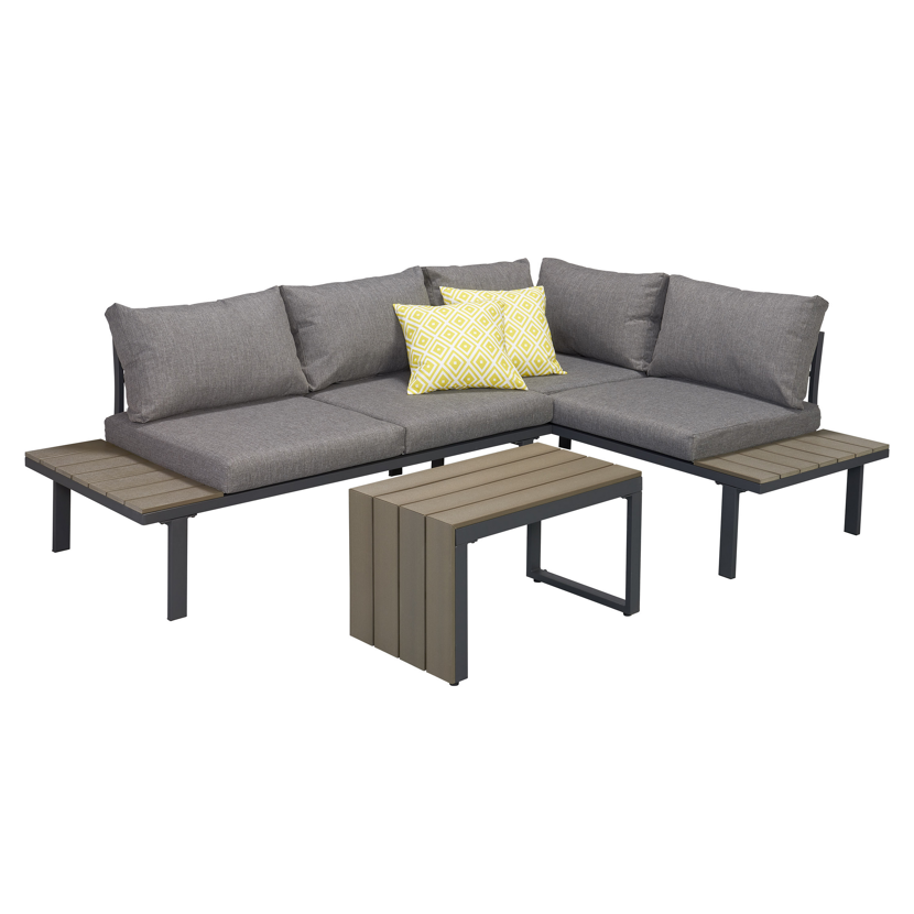 Graue Gartenlounge mit Eckcouch und Tisch