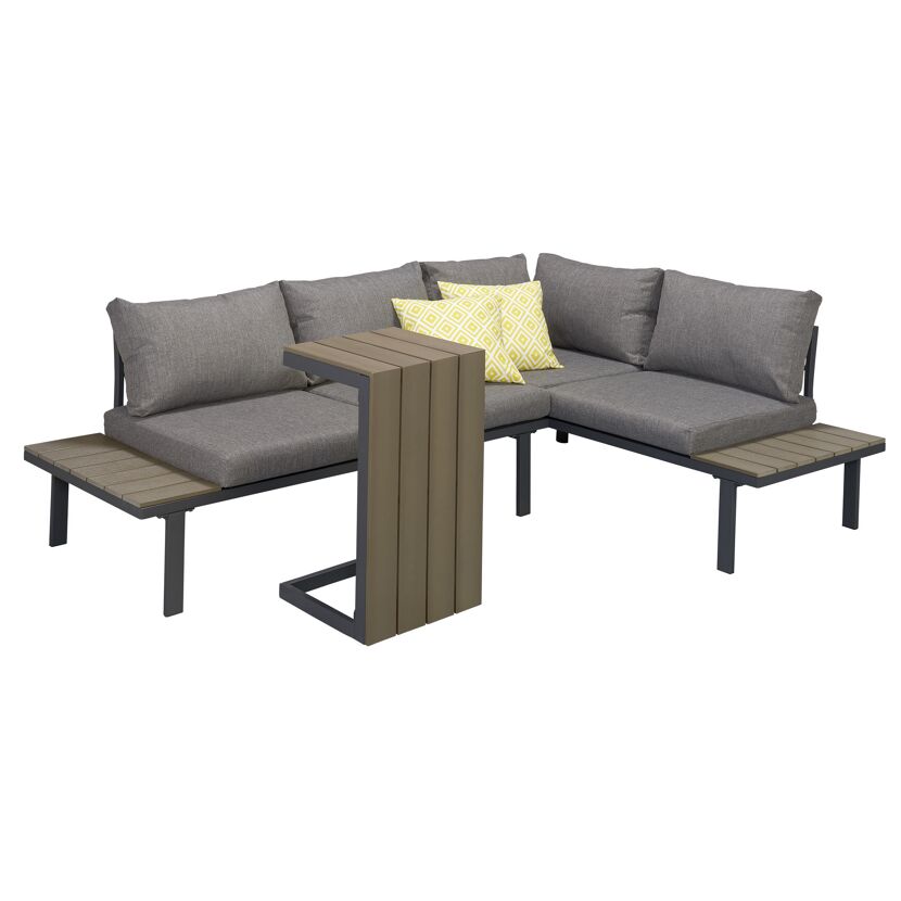 Graue Eckcouch mit gelben Kissen und Tisch
