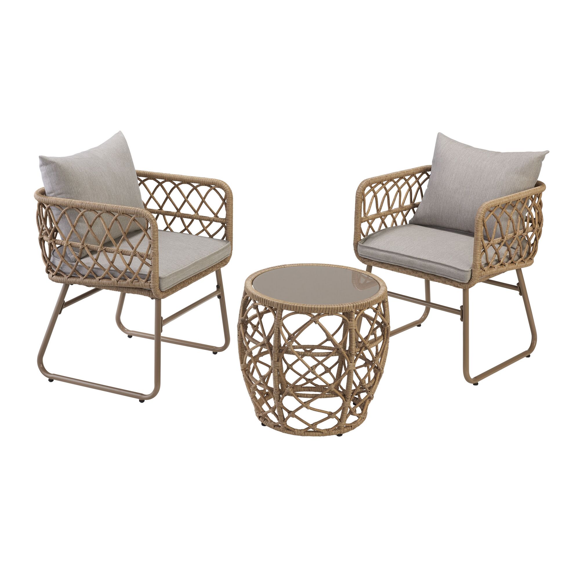 Zwei Korbstühle mit Tisch