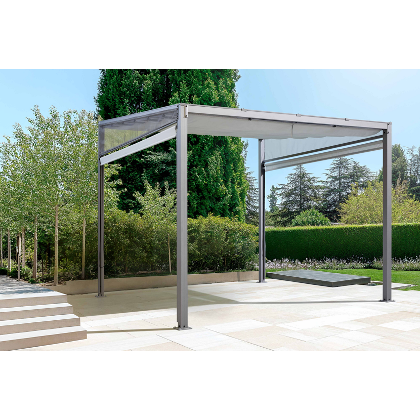 Grauer Pavillon mit Stoffdach im Garten