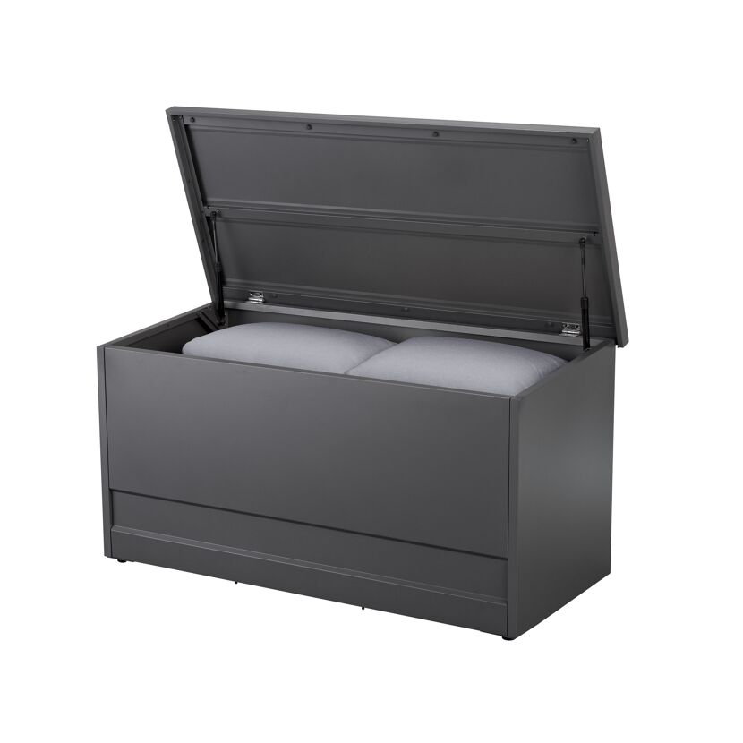 Offene graue Kissenbox mit zwei Kissen