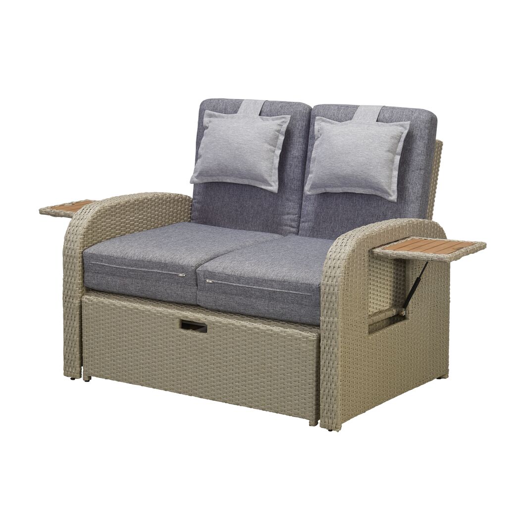 Zweisitzer-Rattan-Gartensofa mit hochklappbaren Seitentischen