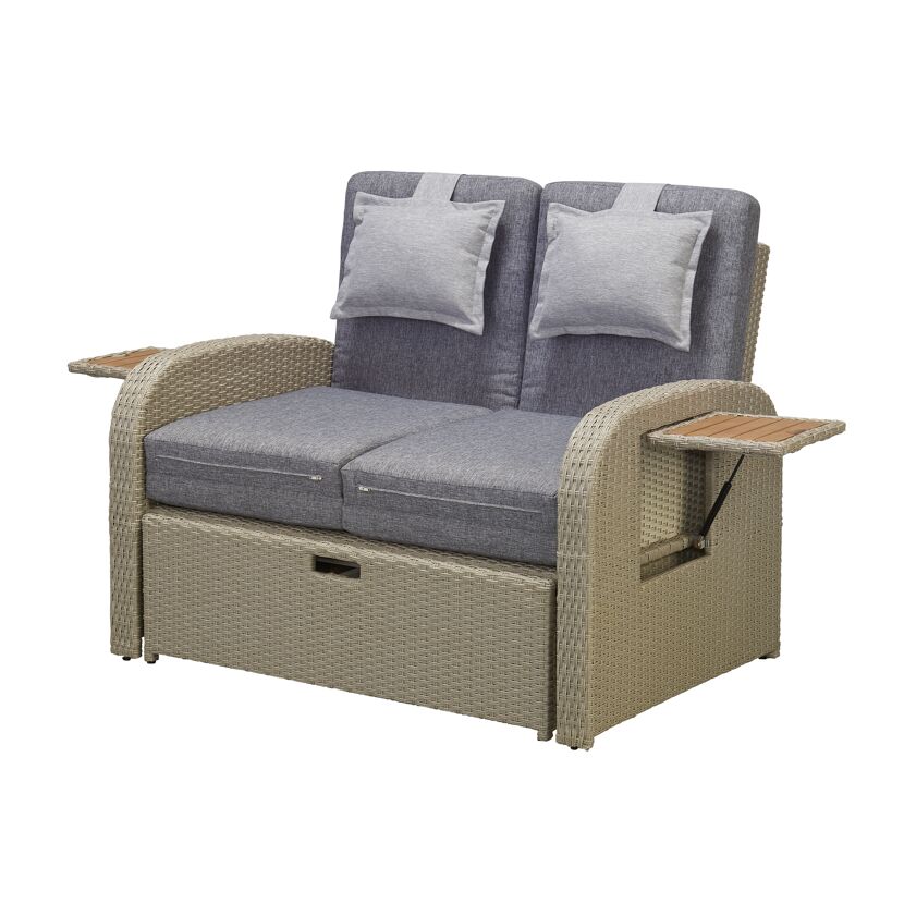 Zweisitzer-Rattan-Gartensofa mit hochklappbaren Seitentischen
