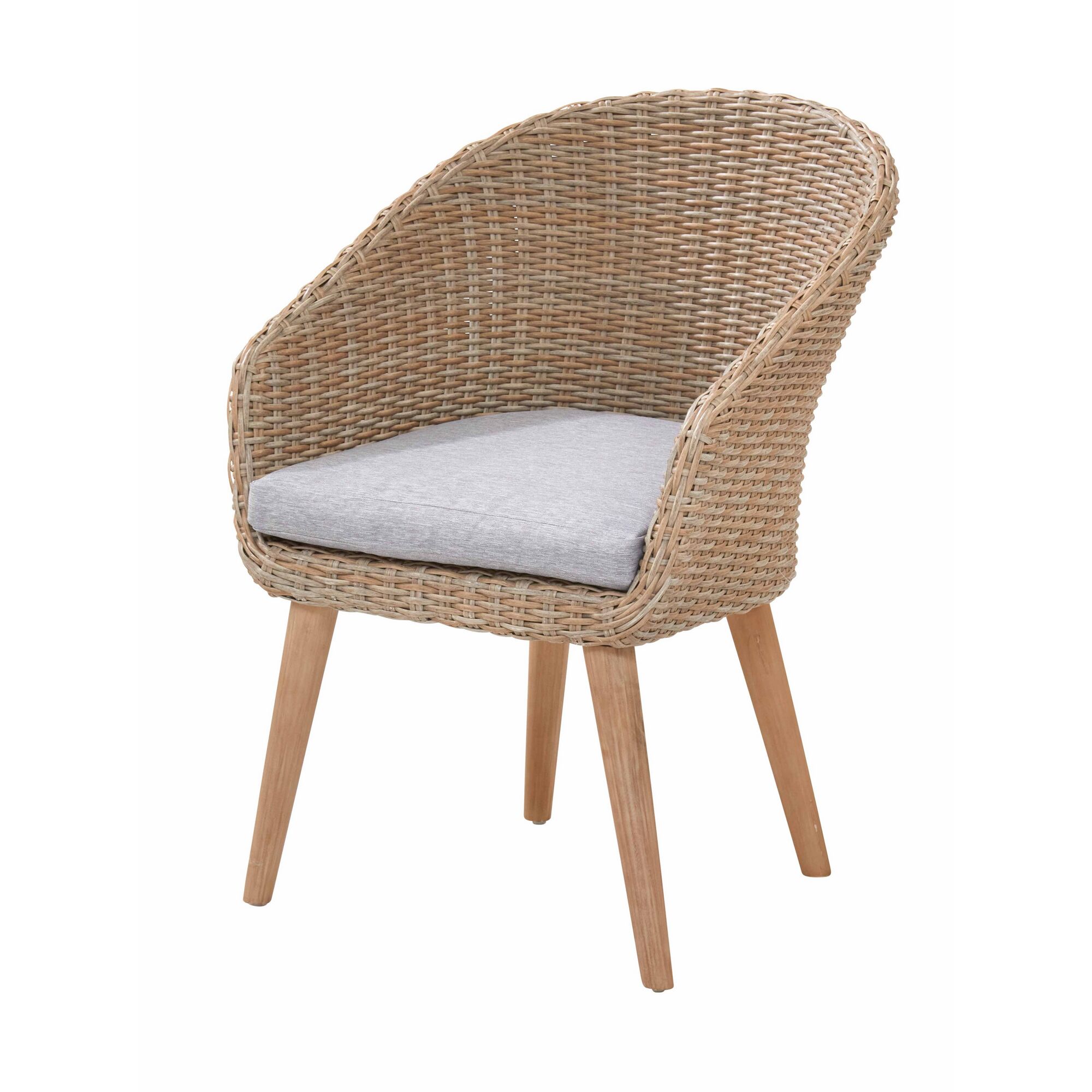 Rattanstuhl mit grauem Sitzkissen