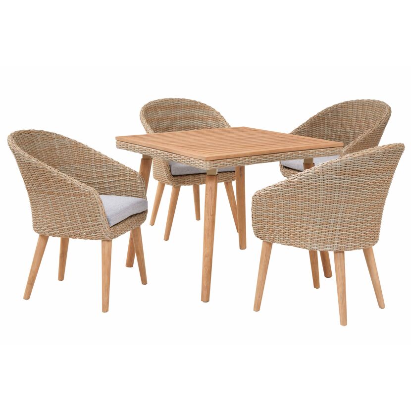 Gartenmöbel-Set: Tisch und vier Stühle aus Holz und Rattan