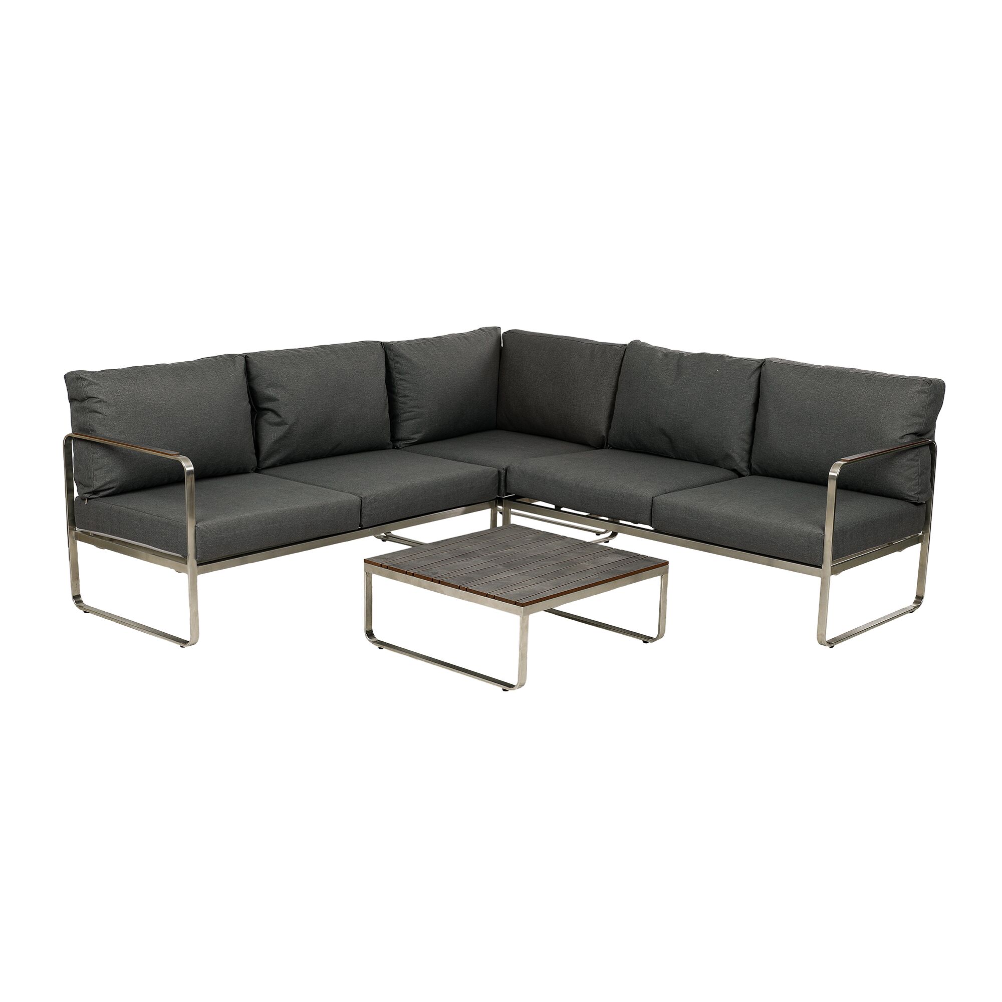 Loungemöbelset 'Boston' aus Edelstahl mit dunklen Polstern und Couchtisch.