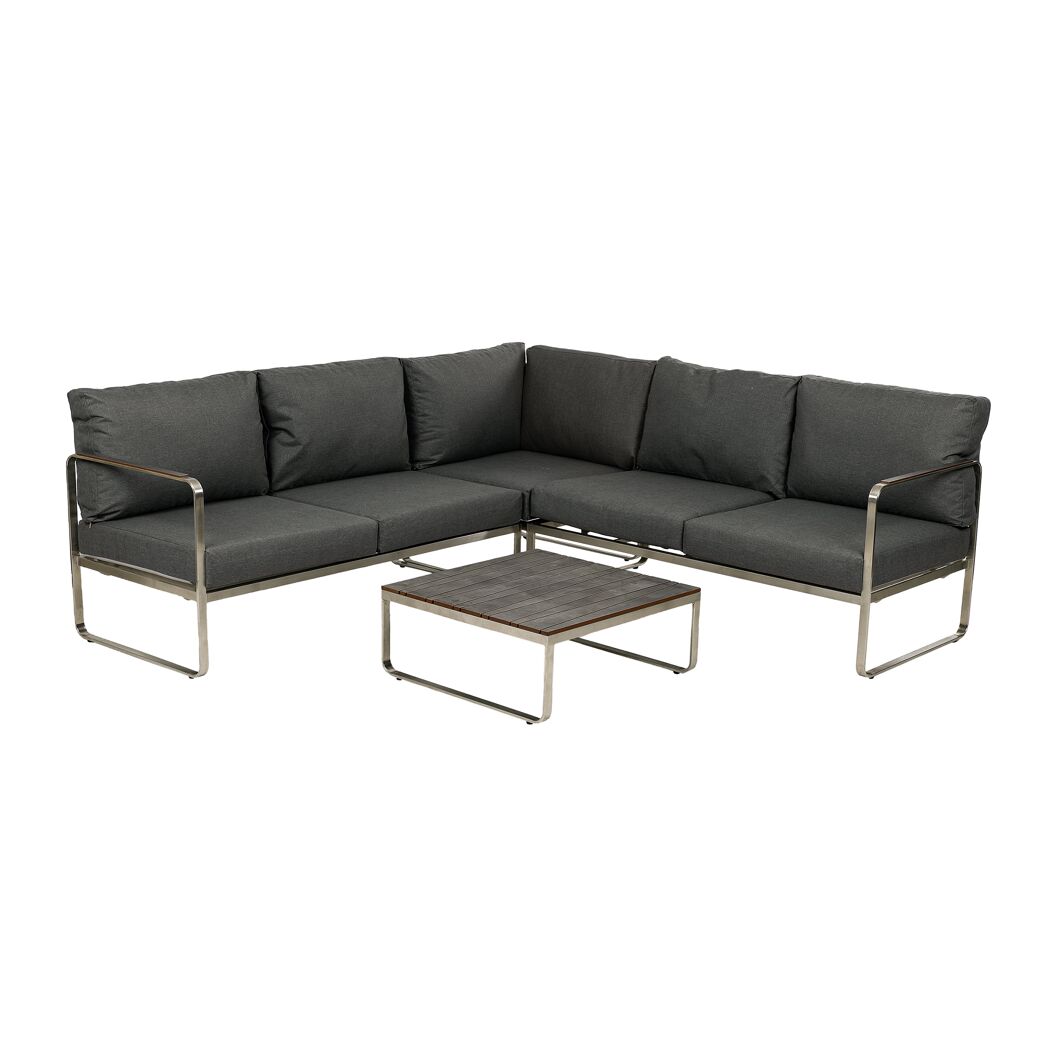 Loungemöbelset 'Boston' aus Edelstahl mit dunklen Polstern und Couchtisch.