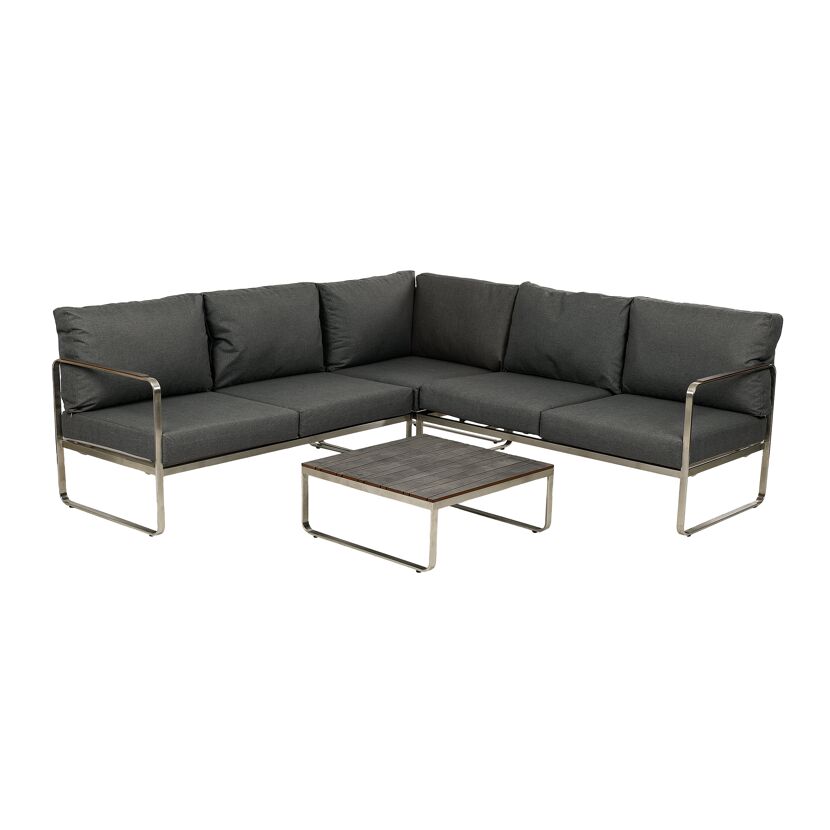 Loungemöbelset 'Boston' aus Edelstahl mit dunklen Polstern und Couchtisch.