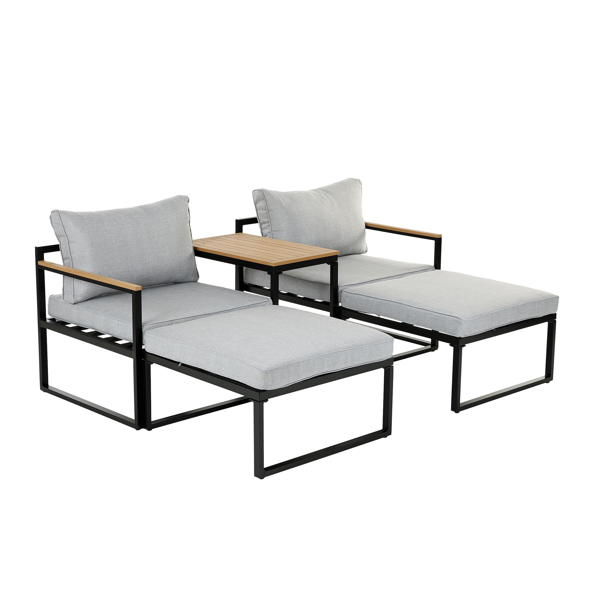 Loungemöbelset 'Retiro' Aluminium mit grauen Polstern und Holztisch.