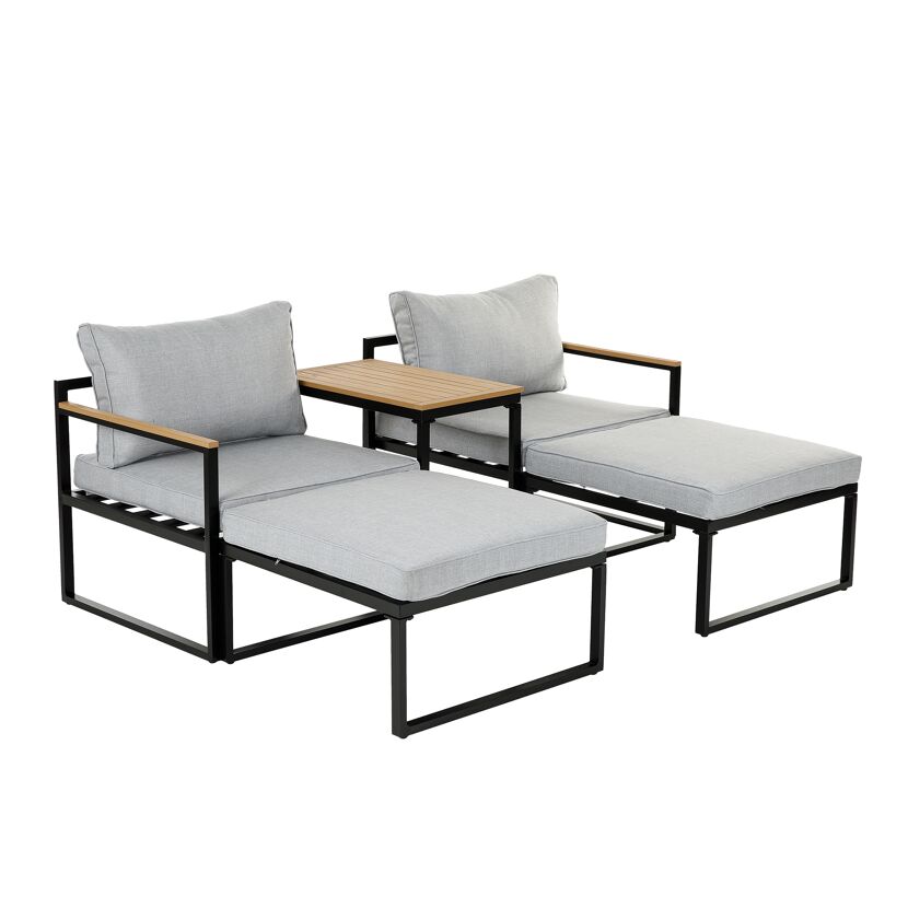 Loungemöbelset 'Retiro' Aluminium mit grauen Polstern und Holztisch.