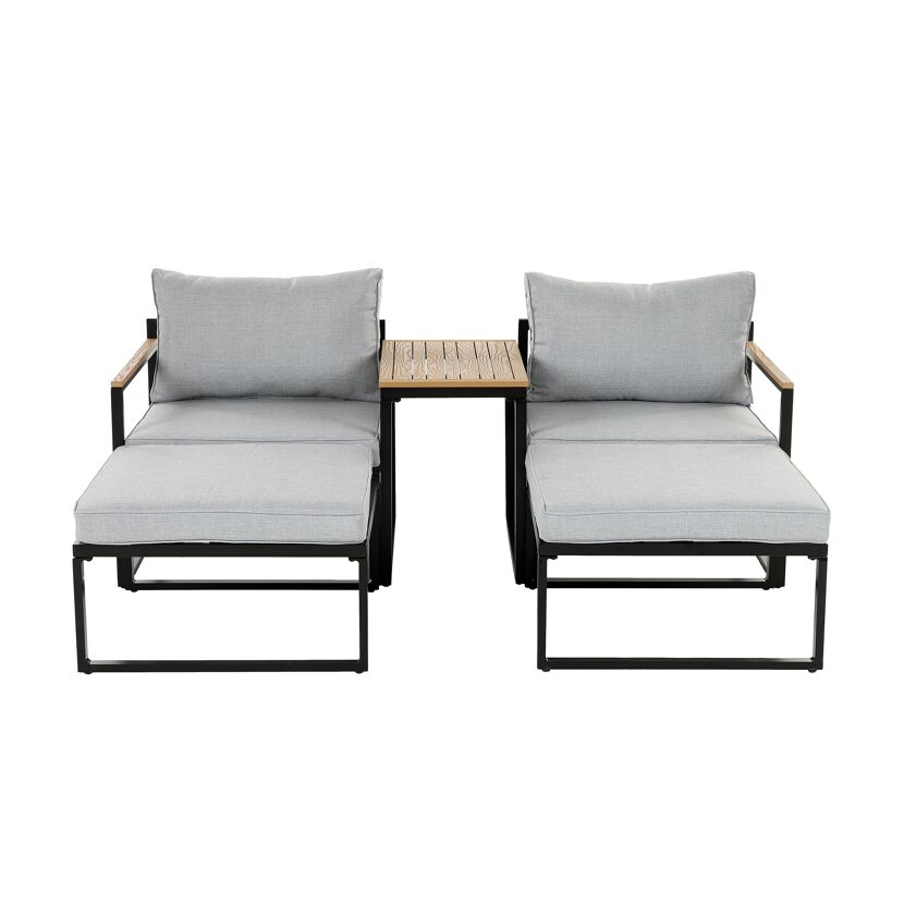 Loungemöbelset Retiro Aluminium mit grauen Polstern und Holztisch.