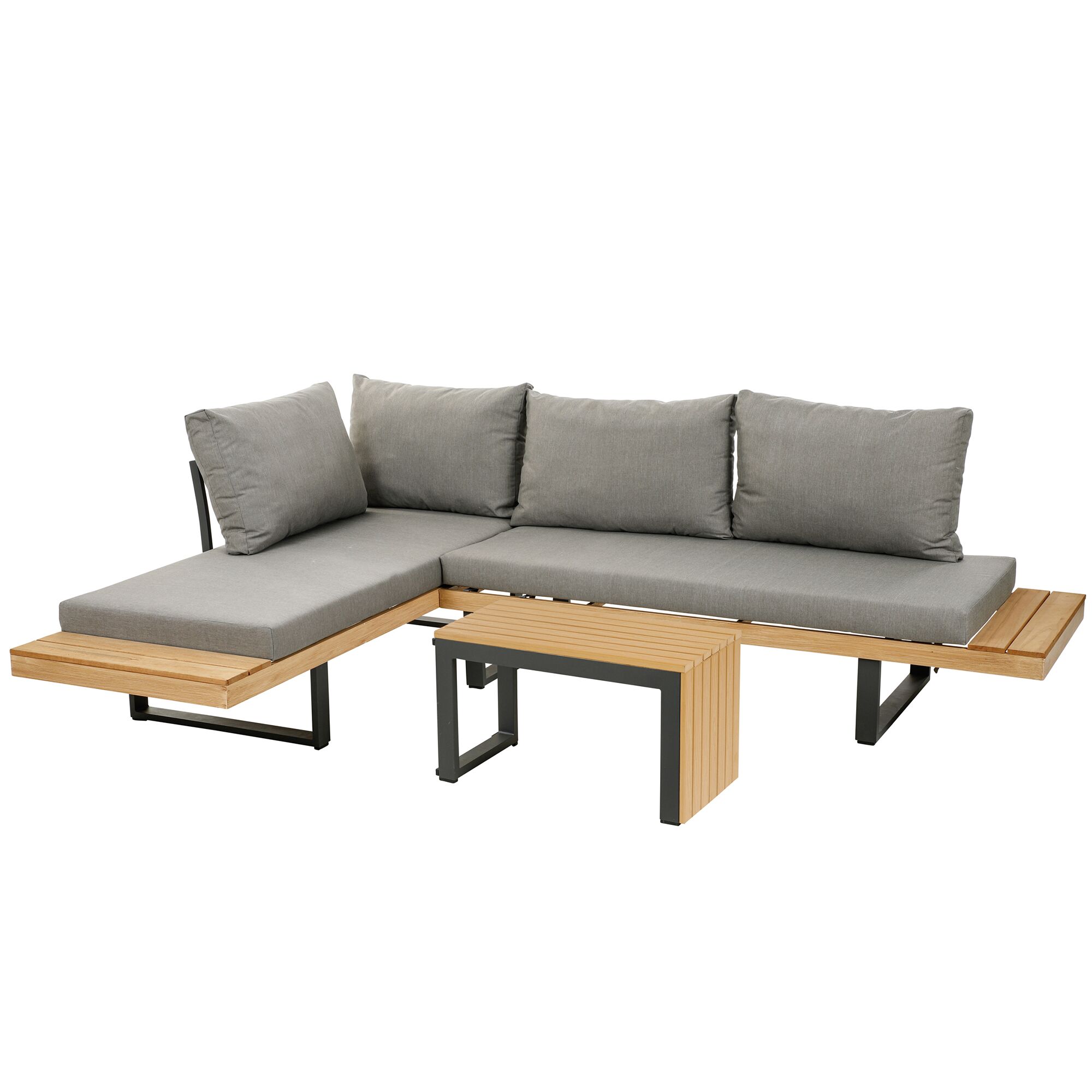 Loungemöbelset 'Lana' mit grauen Polstern und Beistelltisch.