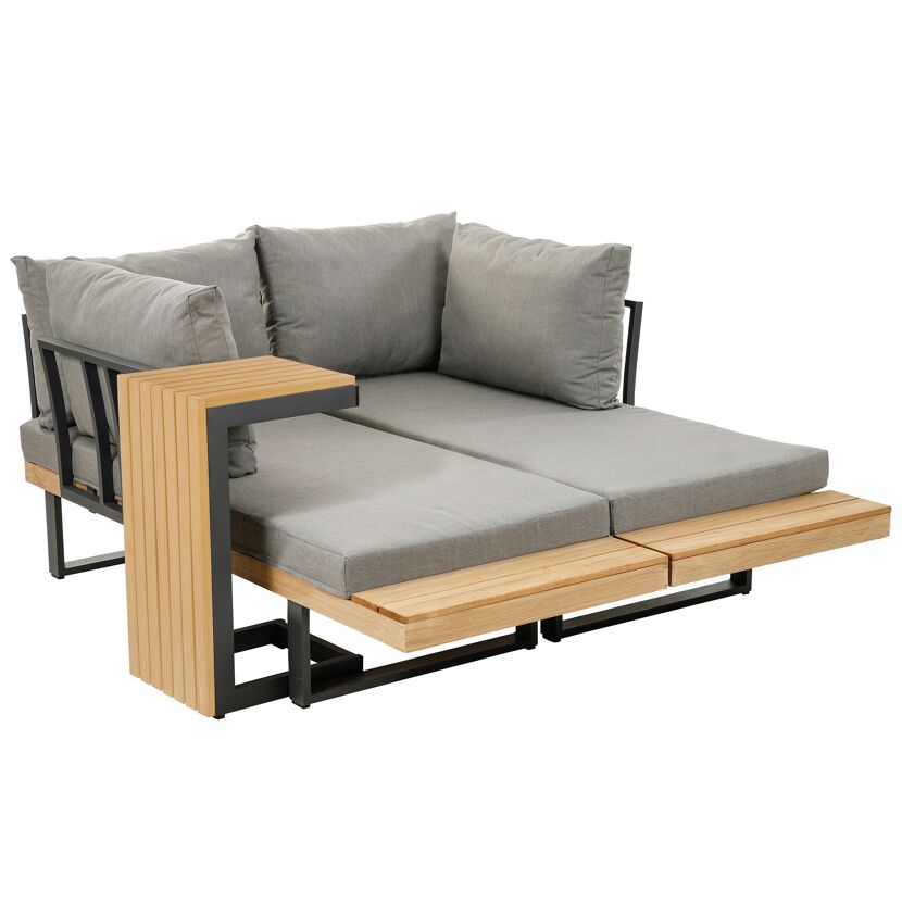 Lana Loungemöbelset aus Aluminium mit Holzablage und grauen Kissen