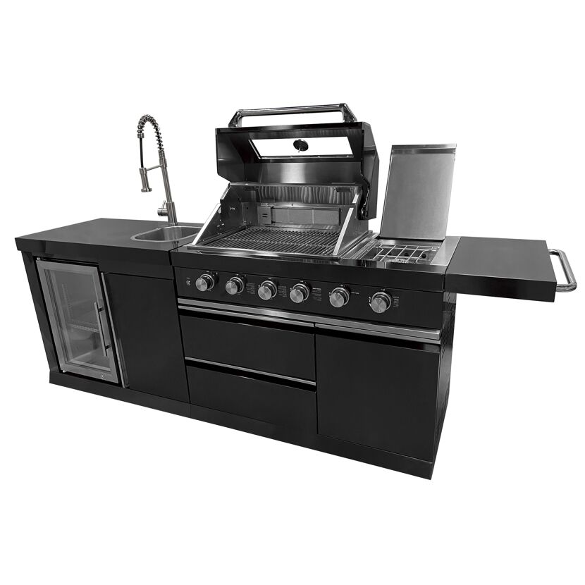 Schicke schwarze Outdoorküche mit Grill