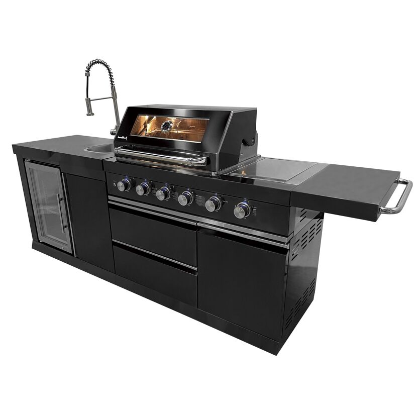 Schwarze Outdoorküche mit Grill und Spüle