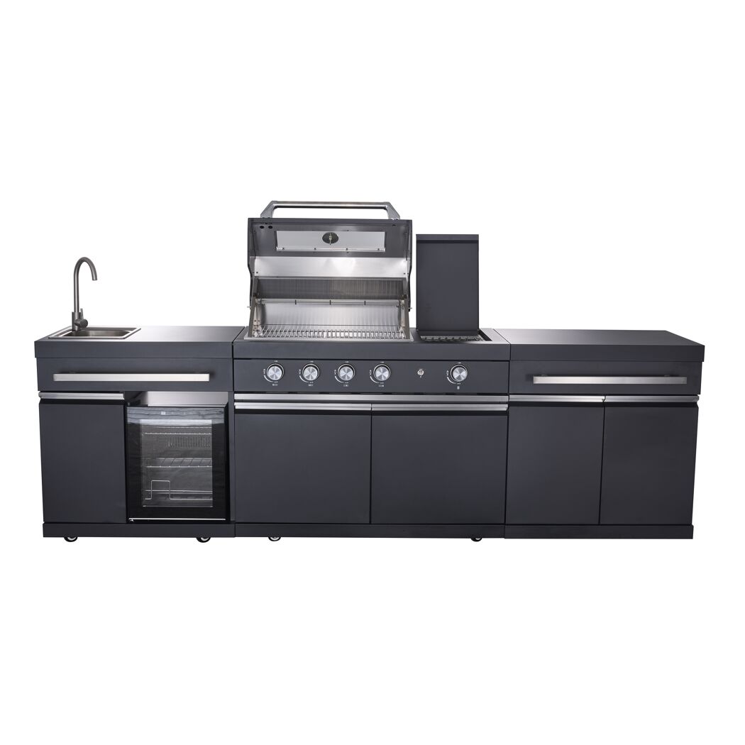 Schwarze Outdoorküche mit Gasgrill
