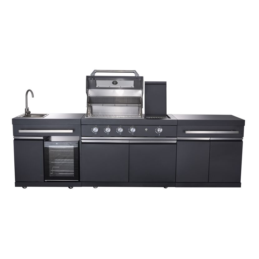 Schwarze Outdoorküche mit Gasgrill