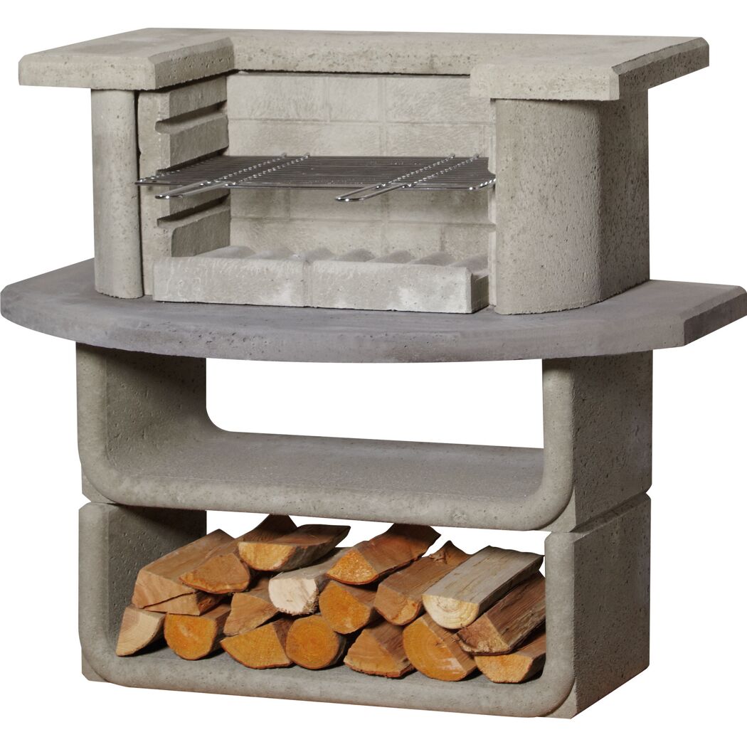 Grillkamin aus Beton mit Rost und Brennholzfach