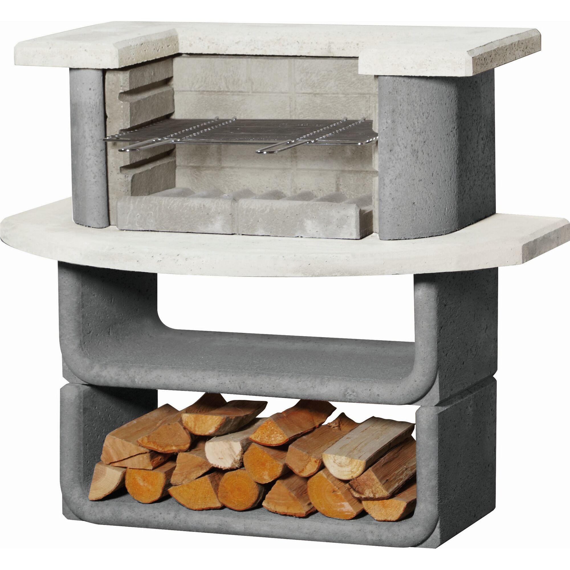 Grillkamin aus Beton mit Grillrost und Brennholzfach