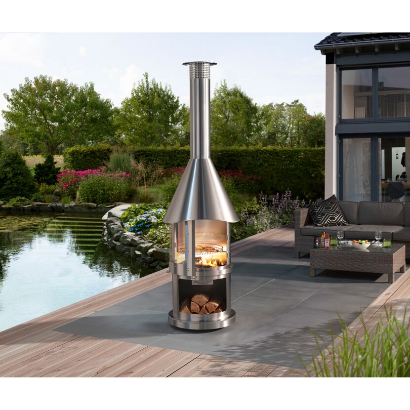Gartenkamin aus Edelstahl mit Grillrost