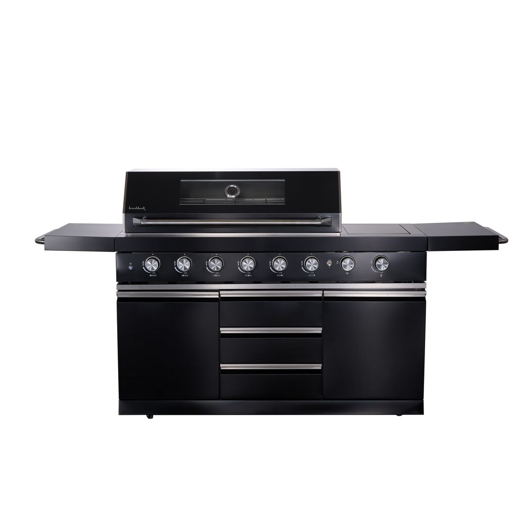 Schwarzer Gasgrill mit sechs Drehreglern