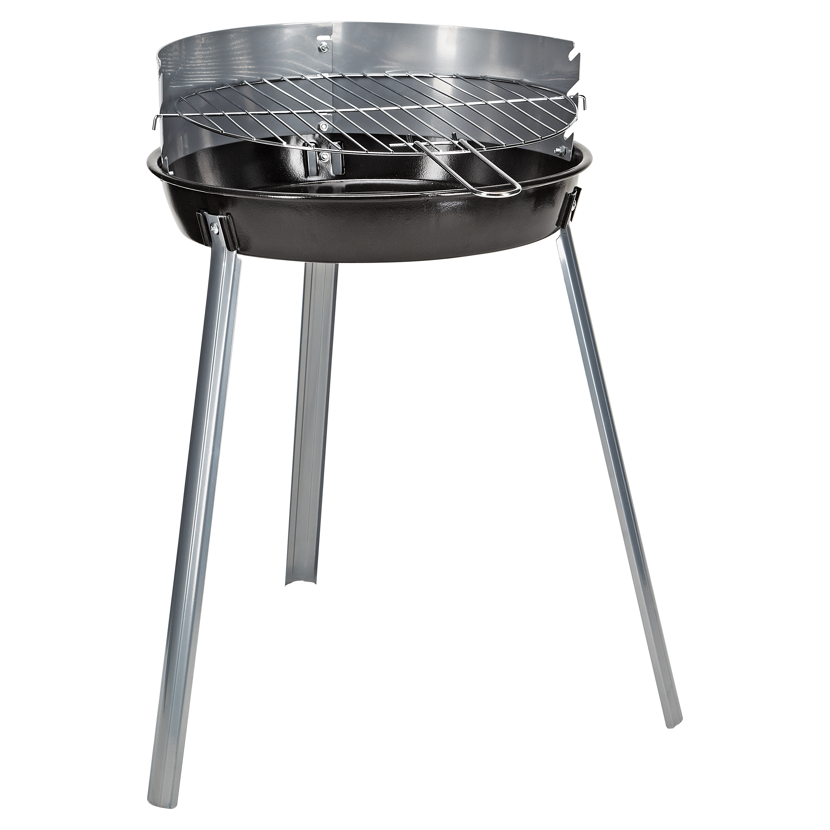 Runder Holzkohlegrill mit drei Beinen und Grillrost