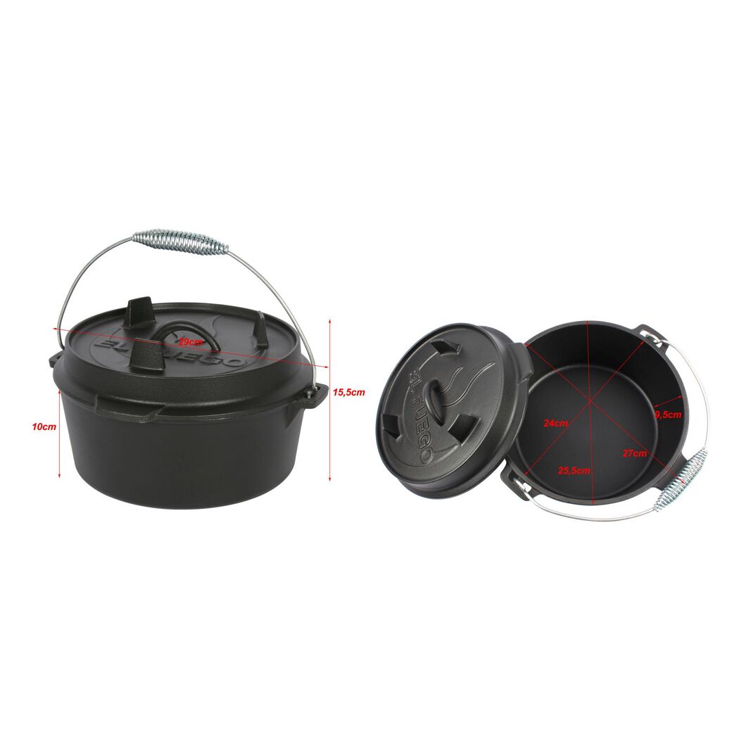 Schwarzer gusseiserner Dutch Oven mit Deckel und Maßen