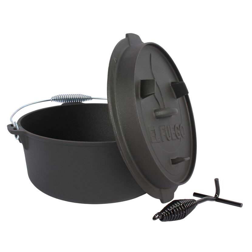 Schwarzer El Fuego Dutch Oven mit Deckel und Deckelheber