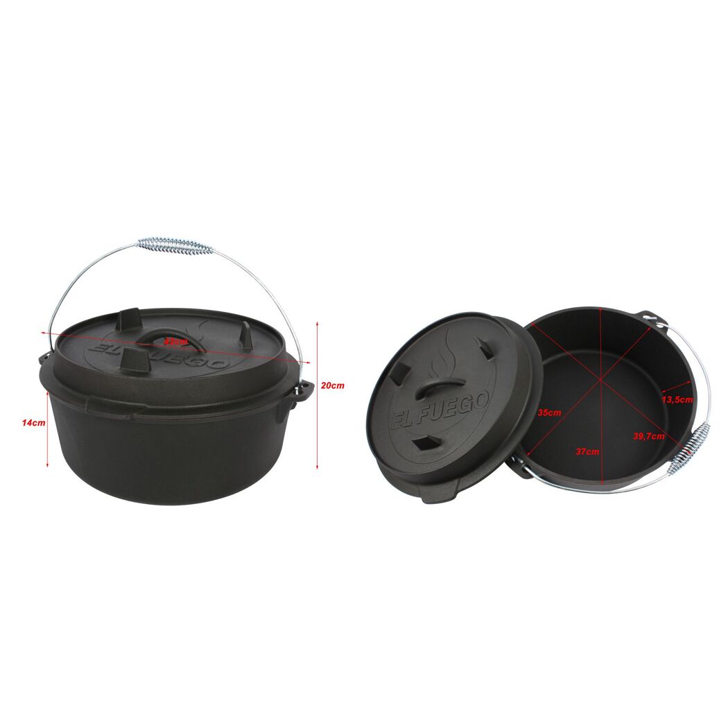 Schwarzer gusseiserner Topf El Fuego Dutch Oven mit Deckel und Maßen