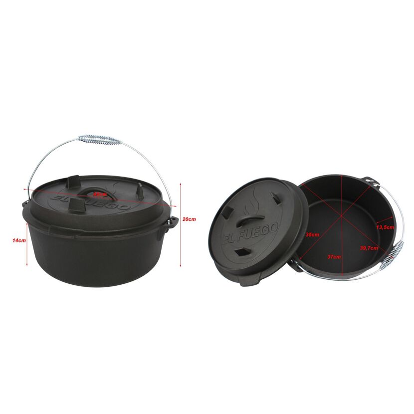 Schwarzer gusseiserner Topf El Fuego Dutch Oven mit Deckel und Maßen
