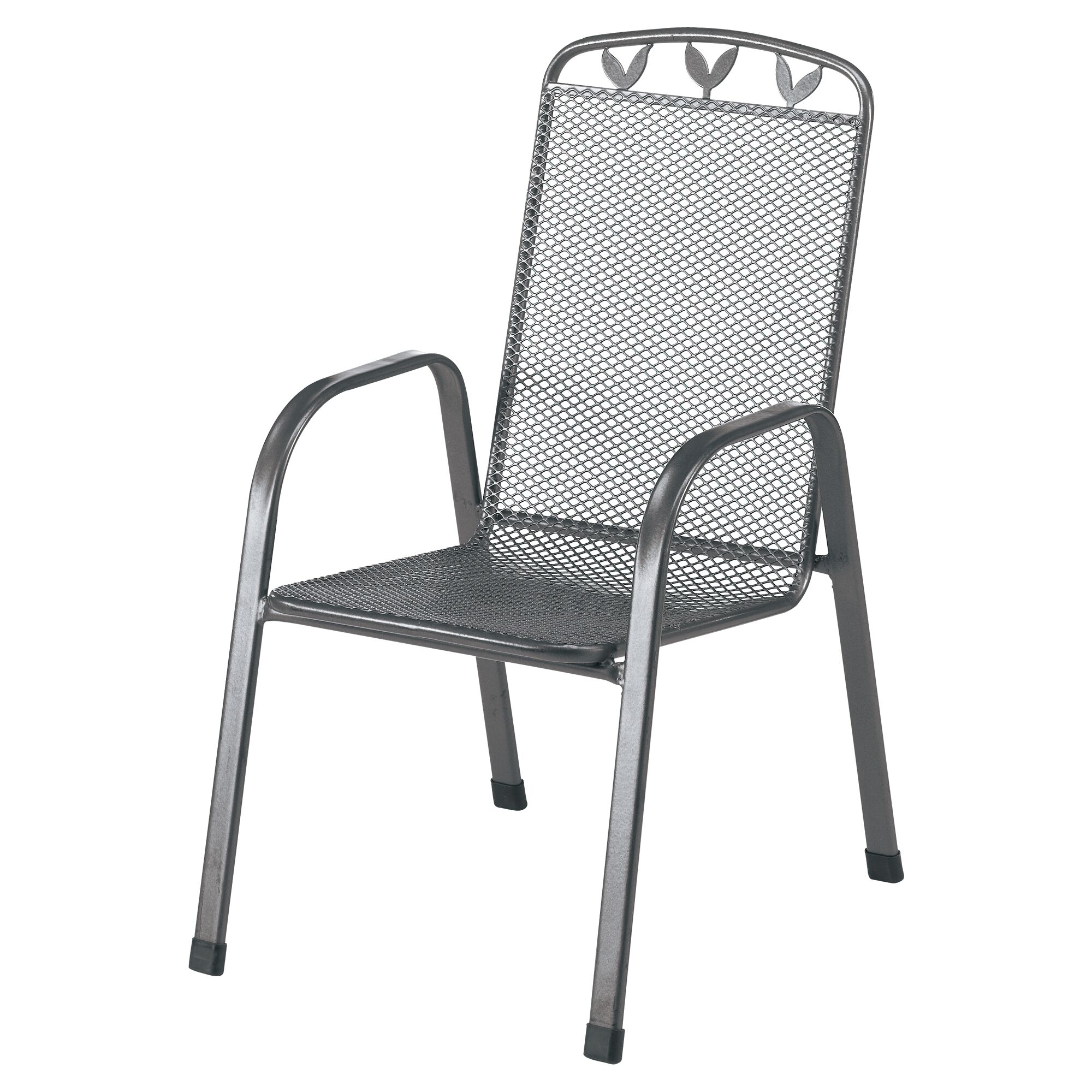 Grauer Metall-Gartenstuhl mit Netz-Sitzfläche und -Lehne.