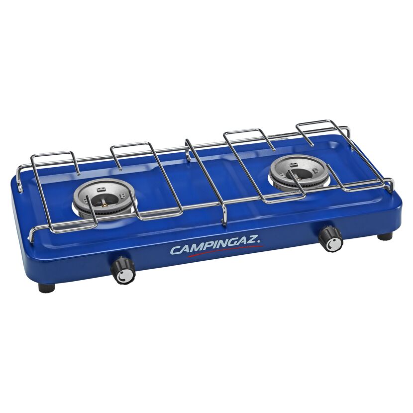 Blauer Campingkocher mit zwei Flammen von Campingaz.