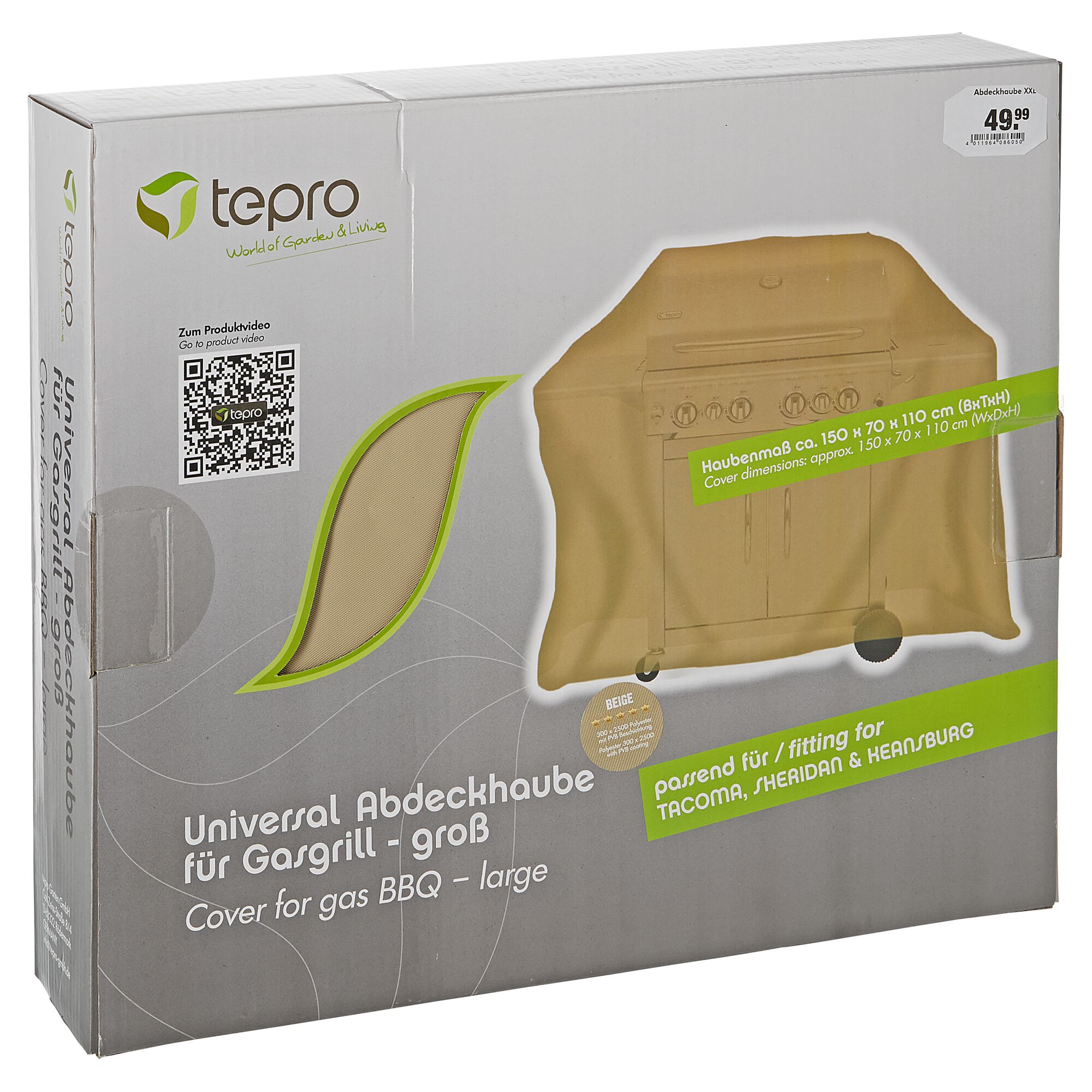 Verpackung einer beigen Tepro Gasgrill-Abdeckhaube