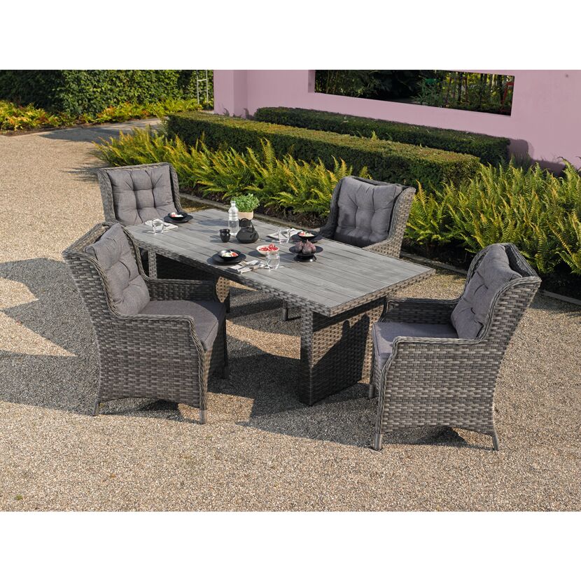 Polyrattan-Gartentisch Delia mit vier grauen Stühlen