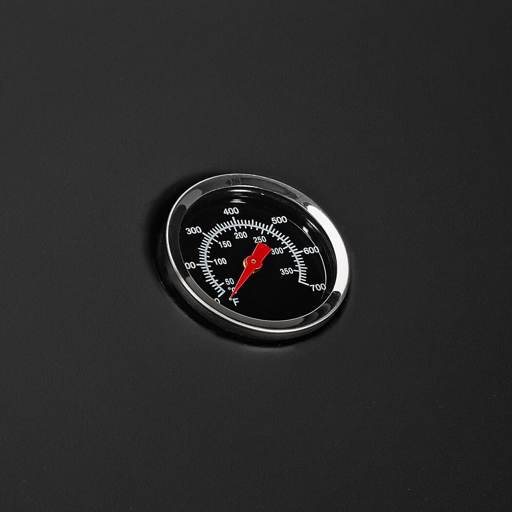 Ein Thermometer an einem Gasgrill zeigt ca. 50 Grad Fahrenheit an.