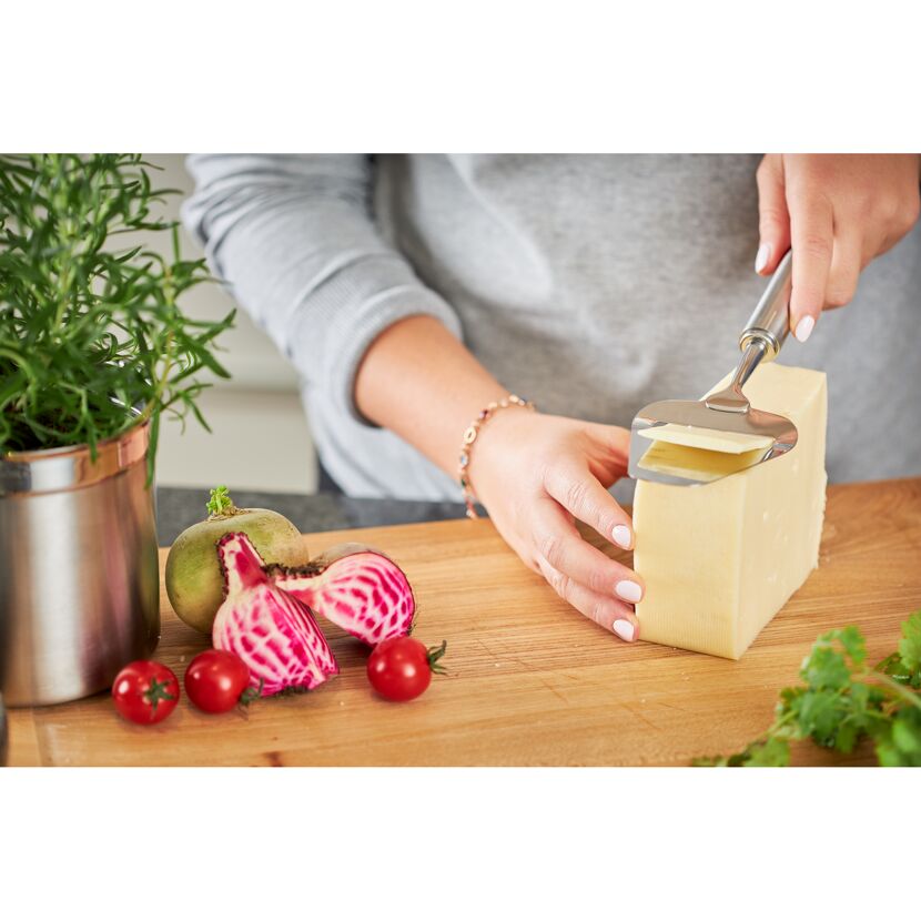 Person schneidet Käse mit einem Käseschneider.