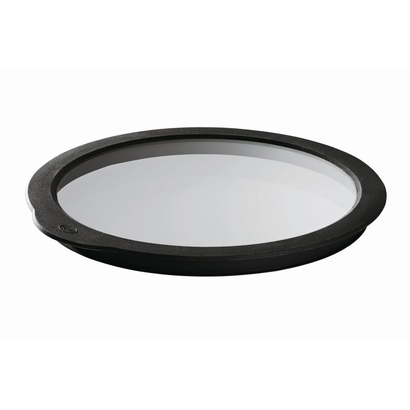 Runder, schwarzer Frischhaltedeckel mit Glasfenster.