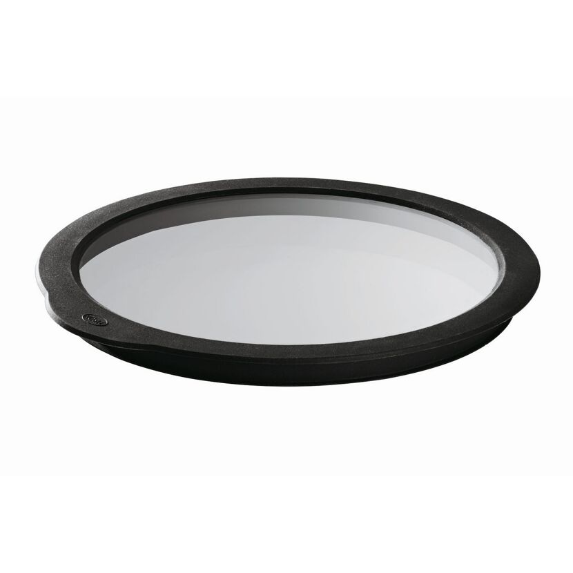 Runder, schwarzer Frischhaltedeckel mit Glasfenster.