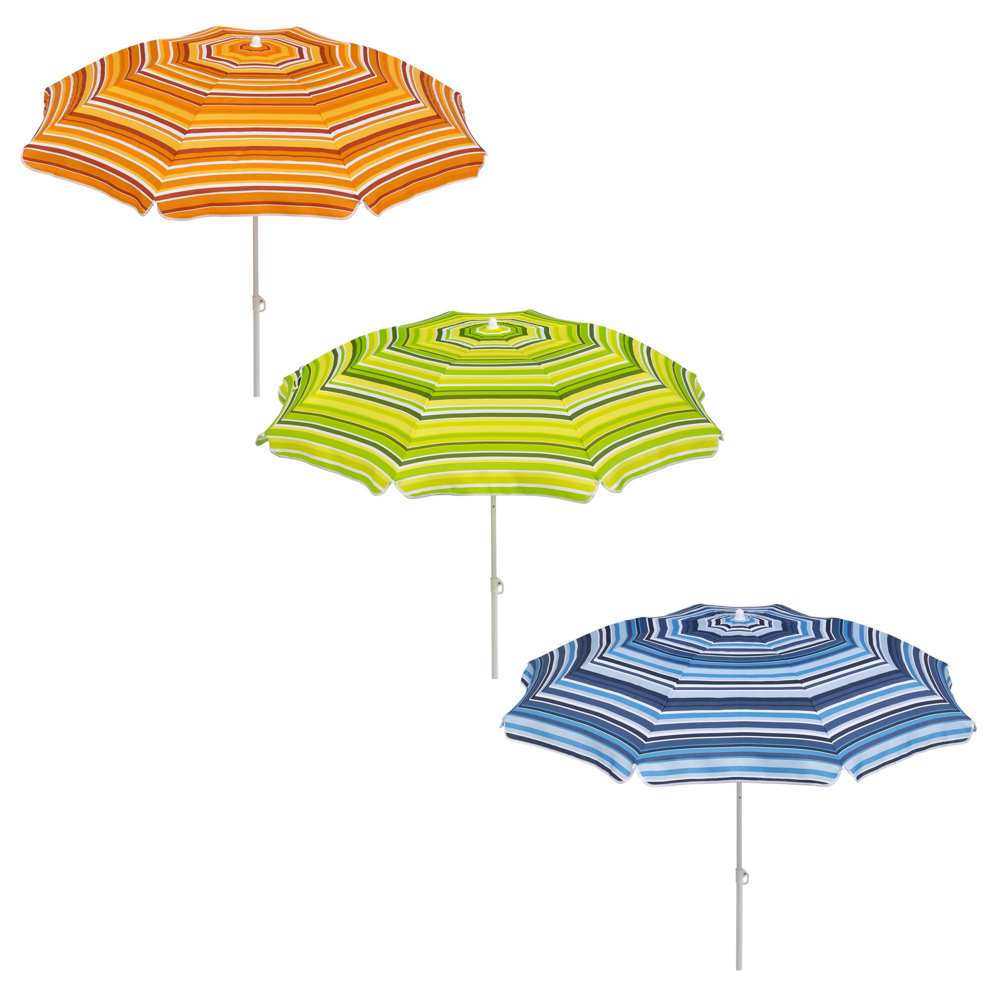 Drei Sonnenschirme in Orange, Grün und Blau.