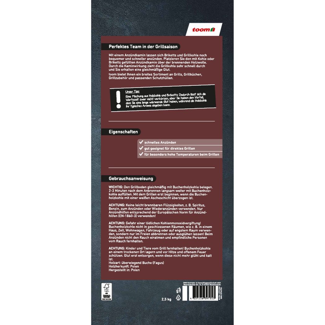 Buchenholzkohle 2,5 kg Packung