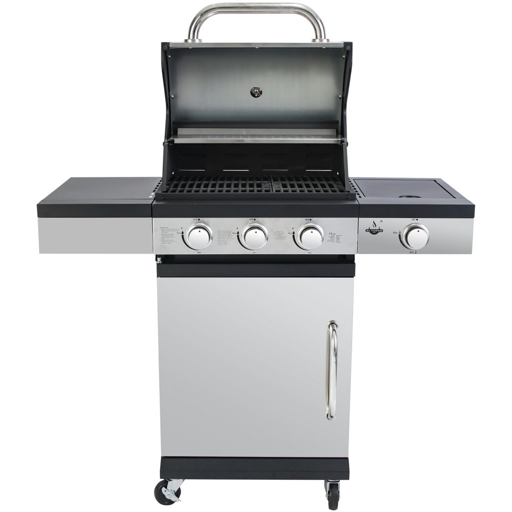 Gasgrill San Antonio mit drei Brennern und geöffnetem Deckel.