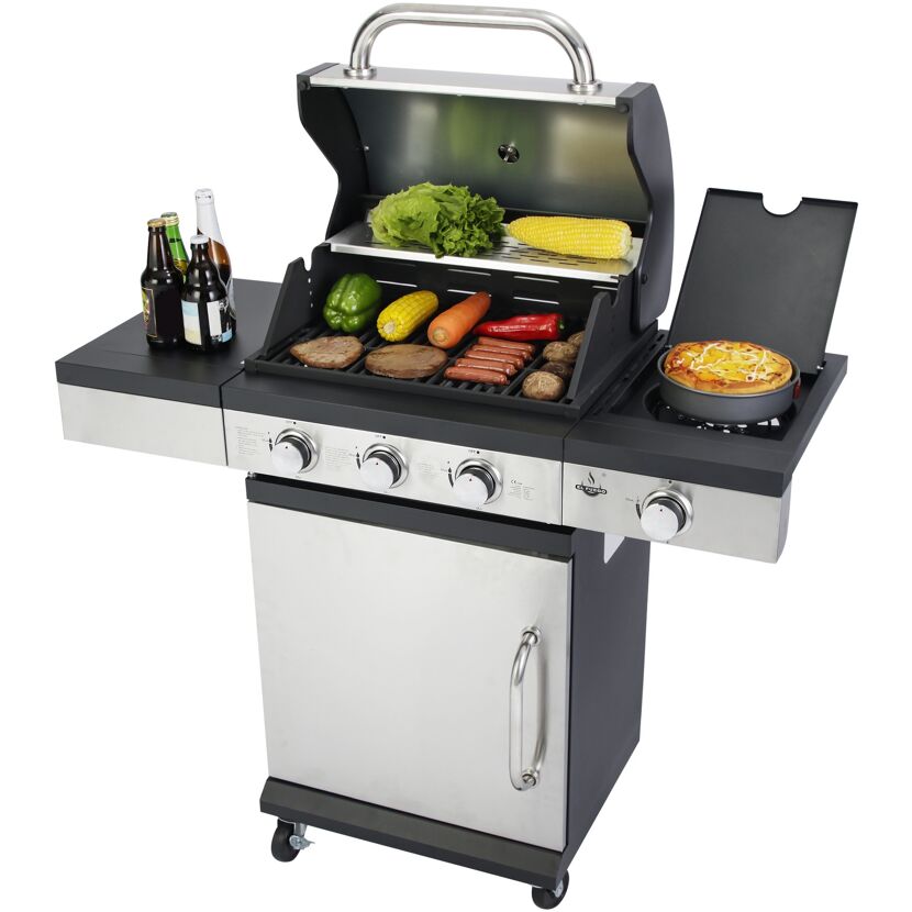 Gasgrill mit Grillgut und Pizza