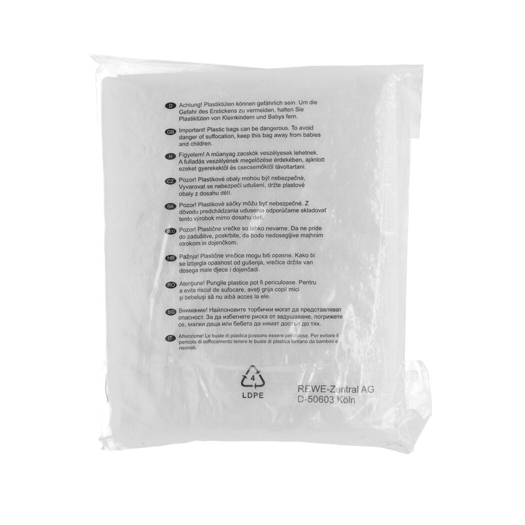 Plastiktüte mit Warnhinweisen in mehreren Sprachen