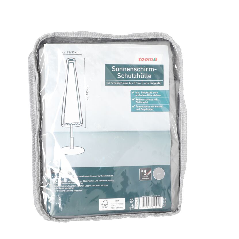 Graue Sonnenschirm-Schutzhülle in Verpackung