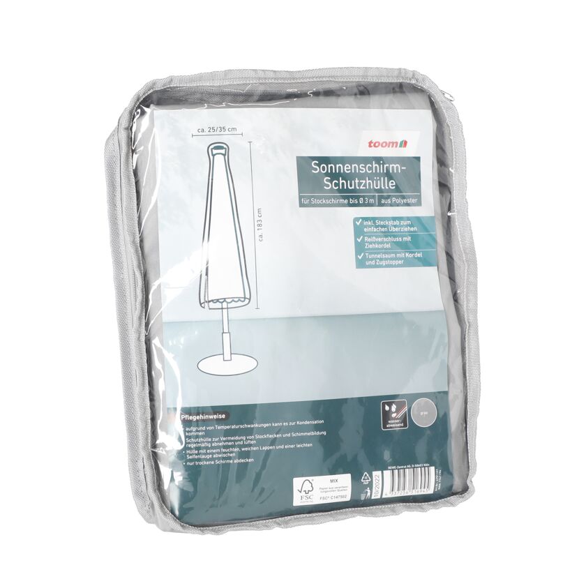 Graue Sonnenschirm-Schutzhülle in Verpackung