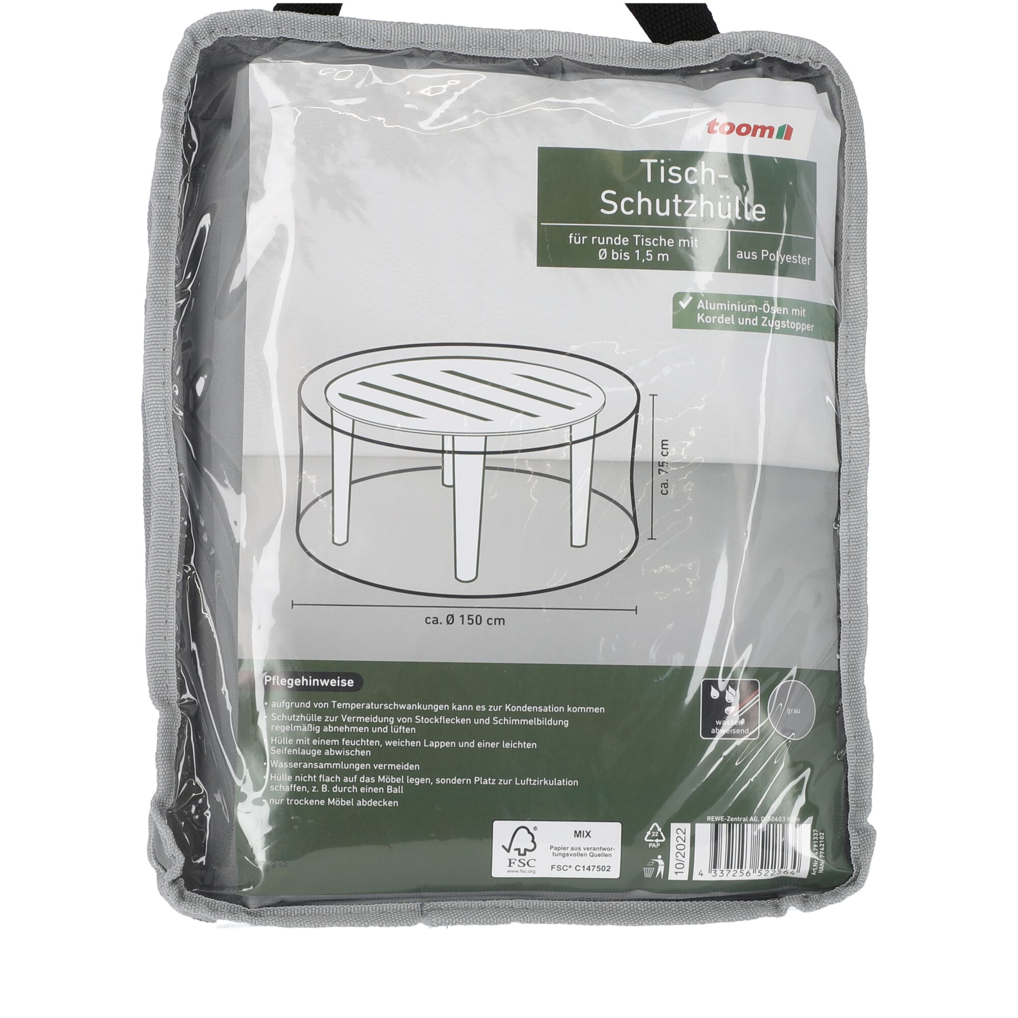 Graue Schutzhülle für runde Tische bis 1,5 m.