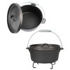 Zwei schwarze gusseiserne Dutch Oven mit Deckel und Griff.
